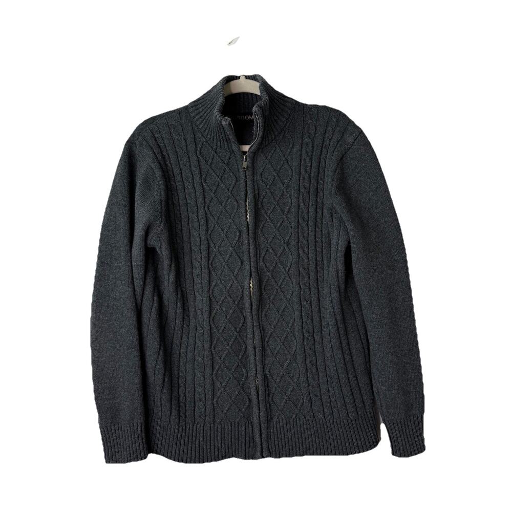 Voboom Full Zip Cardigan Sweater Mens Knit Wool Blend Gray Fisherman Prep READ